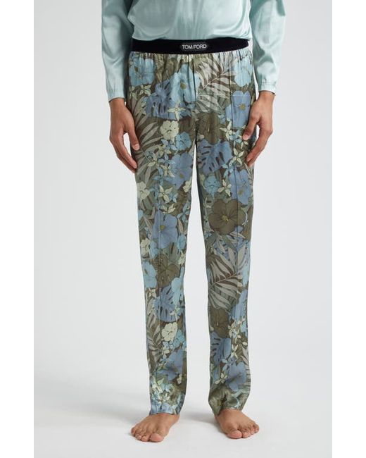 Tom Ford Botanical Print Stretch Silk Pajama Pants Blue