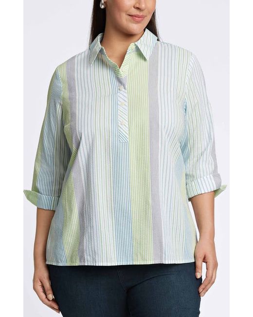 Foxcroft Therese Stripe Split Back Cotton Seersucker Popover Shirt