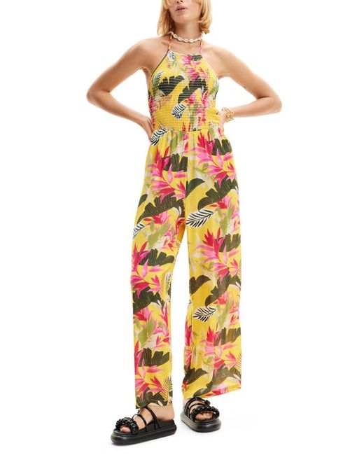 Desigual Tropical Print Smocked Wide Leg Cover-Up Jumpsuit