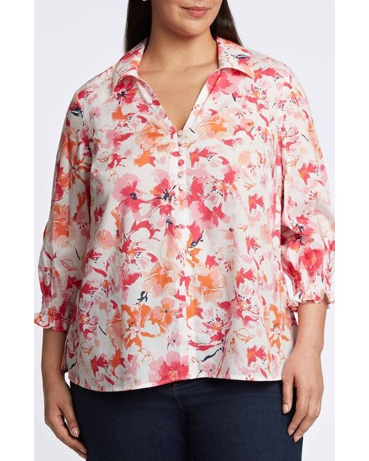 Foxcroft Alexis Floral Smocked Sleeve Cotton Popover Top
