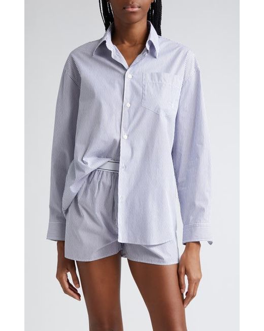 Sporty & Rich Stripe Cotton Button-Up Shirt White/Navy Thin