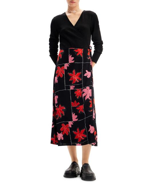 Desigual Floral Long Sleeve Wrap Midi Dress