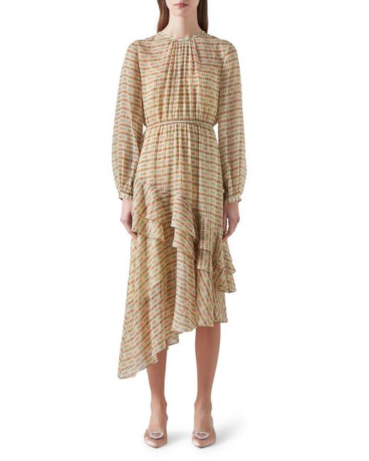 Lk Bennett Bea Print Ruffle Asymmetric Long Sleeve Silk Midi Dress