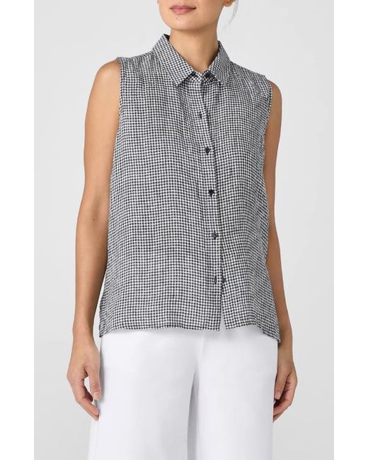 Eileen Fisher Classic Gingham Sleeveless Organic Linen Button-Up Shirt Black