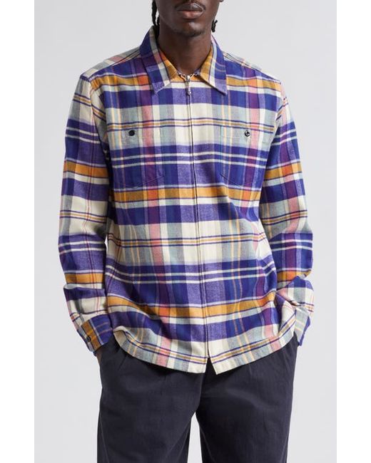 Noah NYC Plaid Cotton Flannel Zip Front Shirt Natural/Blue Multi