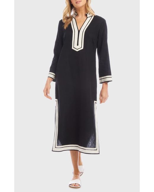 Karen Kane The St. Tropez Long Sleeve Linen Blend Midi Dress Black/Cream