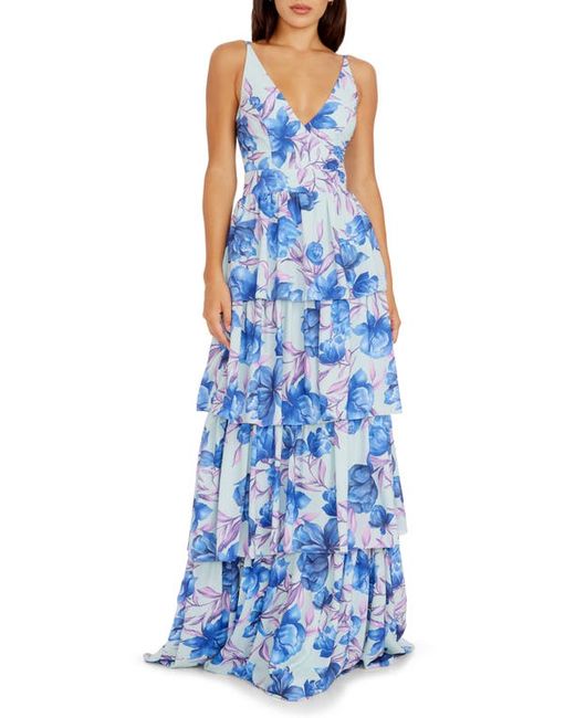 Dress the population Lorain Floral Print Tiered Ruffle Gown