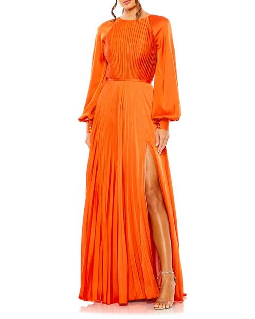 Ieena for Mac Duggal Pleated Long Sleeve Satin A-Line Gown