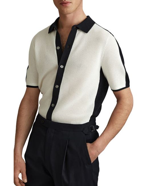 Reiss Misto Mesh Button-Up Polo Sweater Navy/Optic White