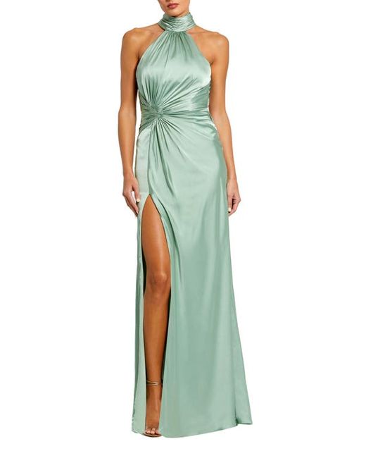 Ieena for Mac Duggal Side Ruched Satin Halter Gown