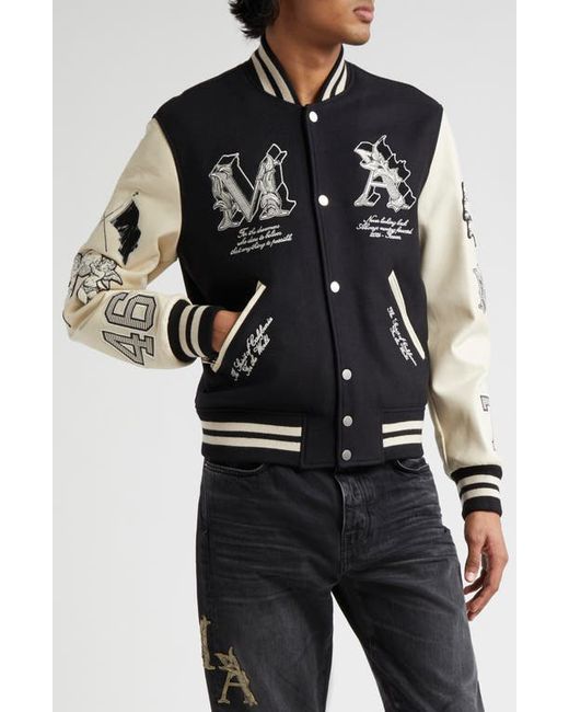 Amiri Angel Graphics Oversize Leather Sleeve Wool Blend Varsity Jacket