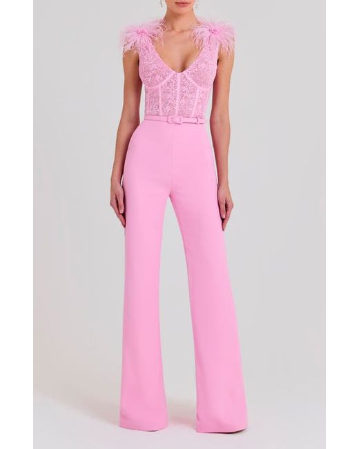 Nadine Merabi Ostrich Feather Lace Bodice Belted Jumpsuit