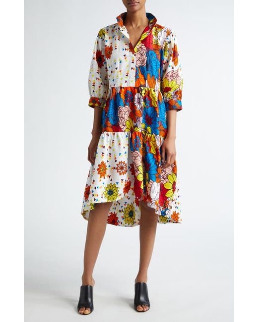 The Oula Company Mixed Print Tiered High-Low Shirtdress