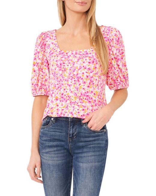 Cece Floral Puff Sleeve Stretch Crepe Top