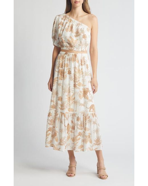 AK Anne Klein Floral Print One Shoulder Two-Piece Dress Egret/Desert Tan Multi