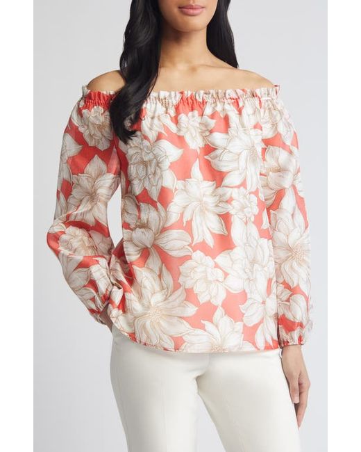 AK Anne Klein Floral Print Off the Shoulder Top Red Pear/Bright White Multi