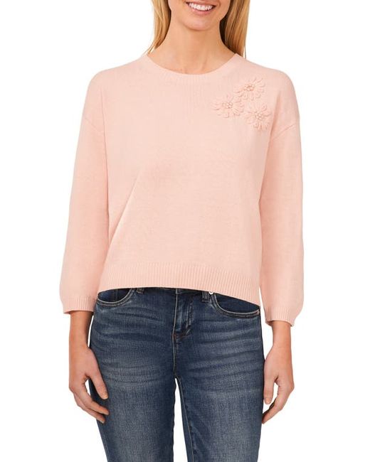 Cece Imitation Pearl Floral Embroidered Sweater