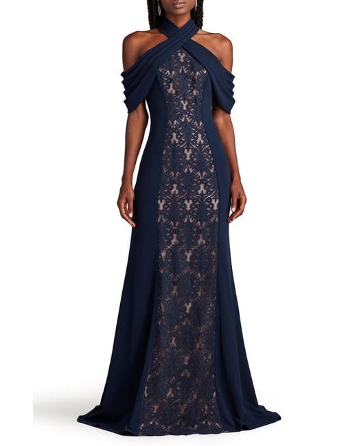 Tadashi Shoji Lace Inset Cold-Shoulder Gown Navy/Nude