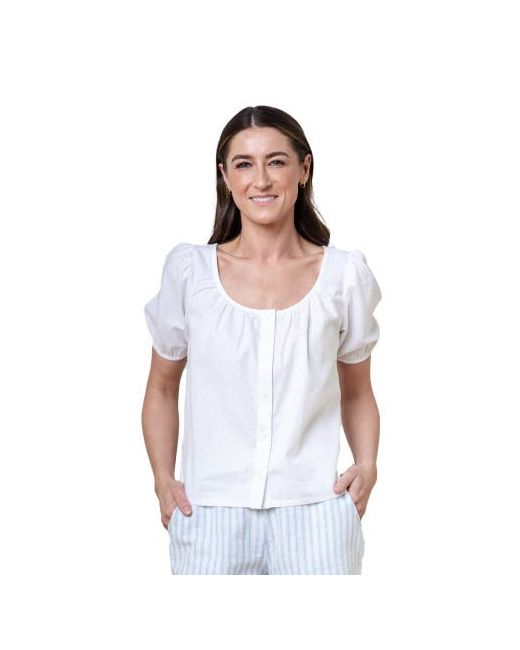 Hope & Henry Bubble Sleeve Button Front Relaxed Linen Top