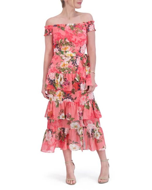 Eliza J Floral Off the Shoulder Tiered Midi Dress