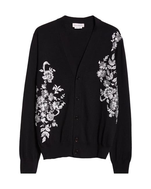 Alexander McQueen Floral Embroidered Wool Cardigan Black/Ivory