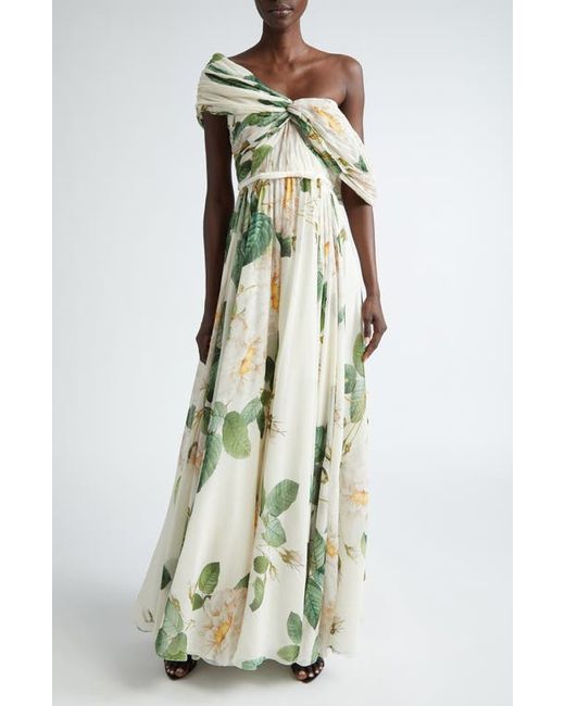 Giambattista Valli Floral Draped One-Shoulder Silk Gown Ivory