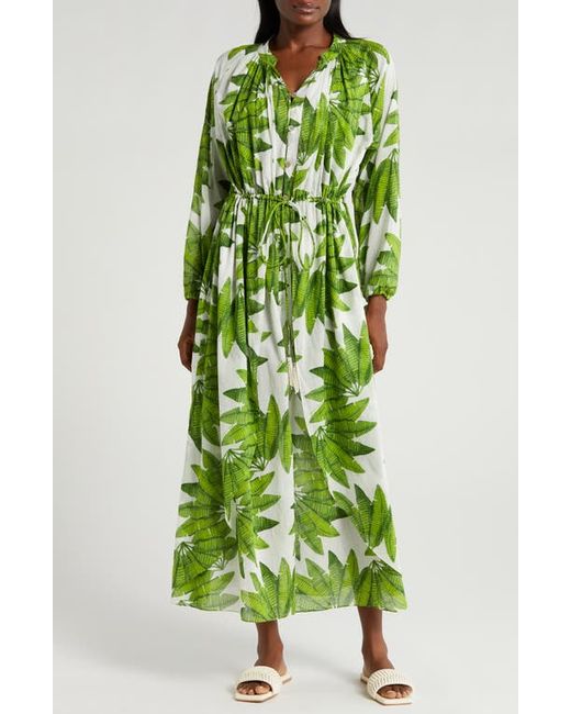Farm Rio Palm Fan Long Sleeve Cotton Cover-Up Maxi Dress