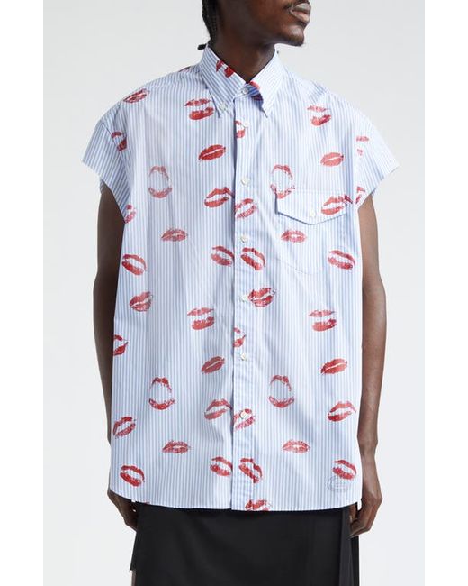 TAKAHIROMIYASHITA TheSoloist. . Stripe Lips Print Cutoff Sleeve Button-Down Shirt