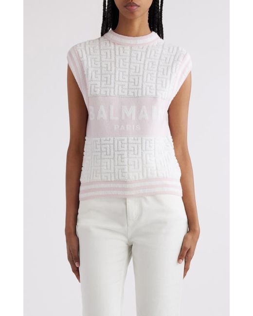 Balmain Monogram Sponge Knit Sleeveless Sweater Gso White/Pale