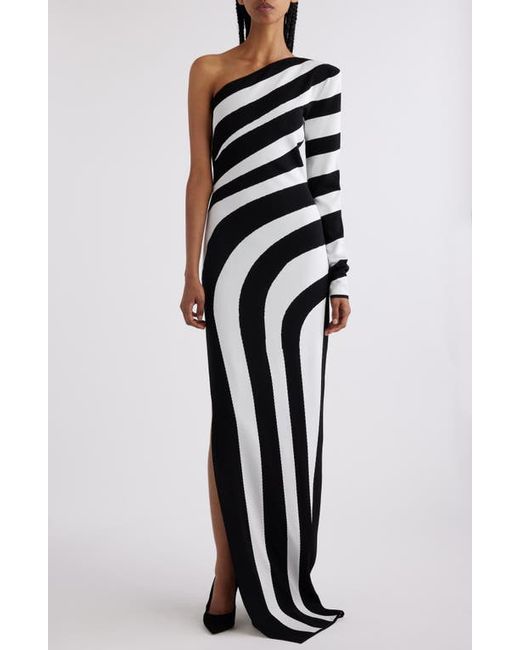 Balmain Stripe One-Shoulder Maxi Dress Eab Black
