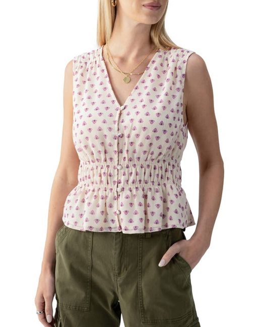 Sanctuary Print Shirred Crinkle Button-Up Top