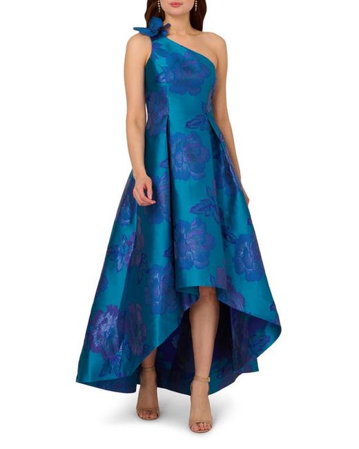 Adrianna Papell Floral Jacquard One-Shoulder Gown Teal
