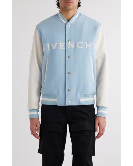 Givenchy Embroidered Logo Mixed Media Leather Wool Blend Varsity Jacket White/Sky