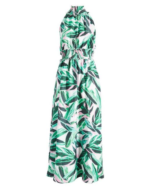 Melloday Leaf Print Halter Satin Maxi Dress