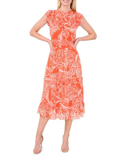 Cece Palm Print Smocked Ruffle Midi Dress