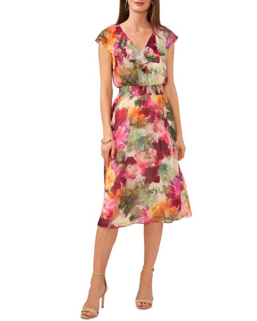 Vince Camuto Watercolor Floral Smocked Waist Midi Dress