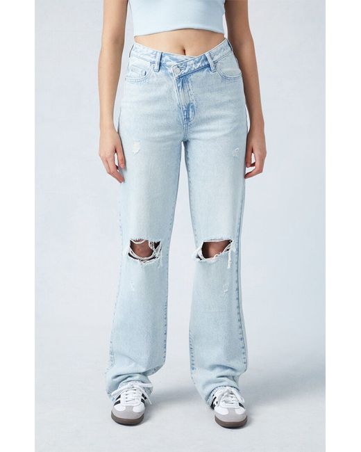 PacSun Eco Light Indigo Ripped Asymmetrical Waistband 90s Boyfriend Jeans