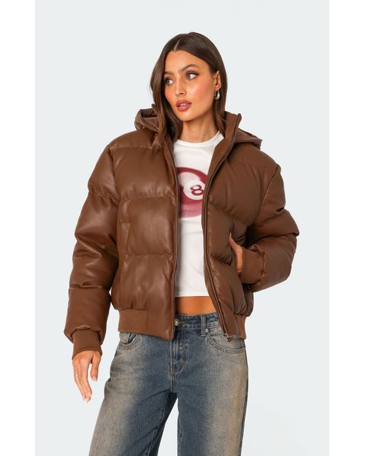 Edikted Wintry Faux Leather Hooded Puffer Jacket
