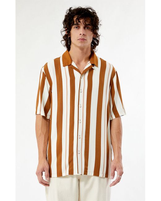 PacSun Taupe Stripe Camp Shirt Brown Small