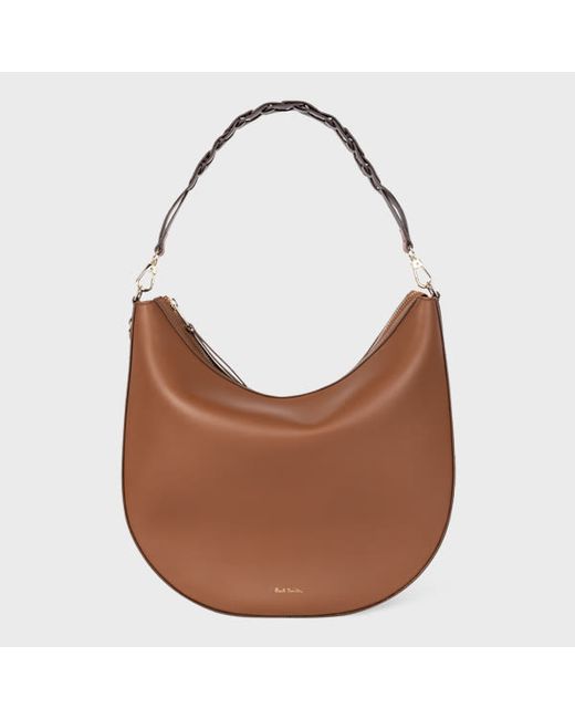 Paul Smith Tan Leather Hobo Bag With Woven Signature Stripe Strap