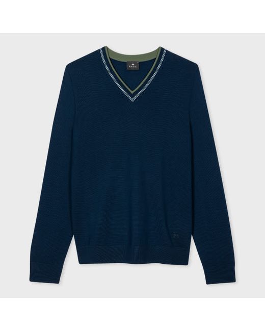 PS Paul Smith Navy Merino Wool-Blend Contrast V-Neck Sweater
