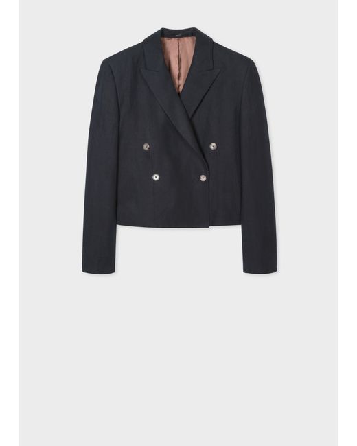 Paul Smith Navy Linen Cropped Double-Breasted Blazer