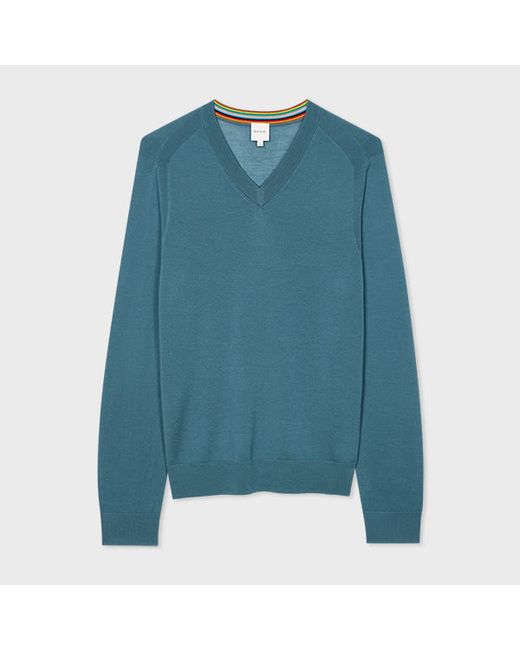 Paul Smith Teal Blue Merino Wool V-Neck Sweater