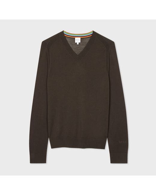 Paul Smith Dark Khaki Merino Wool V-Neck Sweater