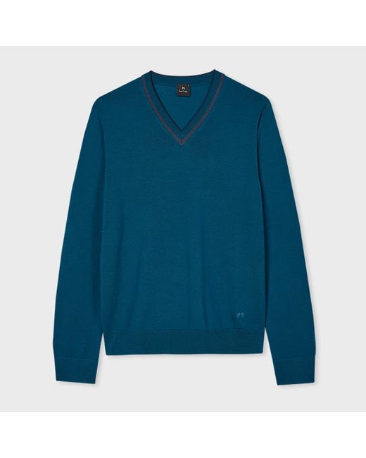 PS Paul Smith Cobalt Merino Wool-Blend Contrast V-Neck Sweater