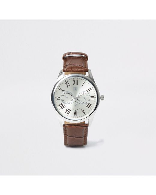 River Island Brown strap silver tone smart watch