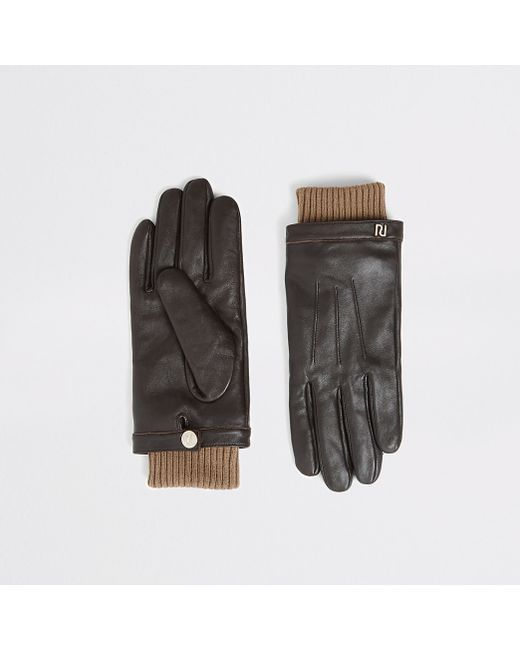 River Island Brown leather ribbed cuff gloves