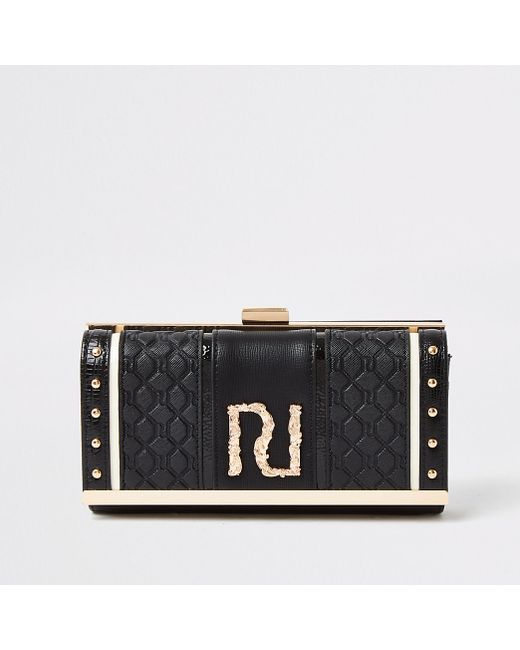 River Island Black embossed RI cliptop purse