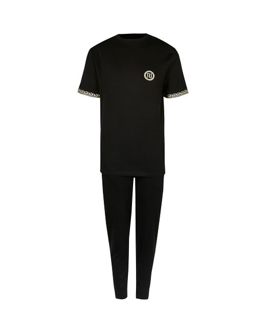 River Island Black Greek t-shirt and jogger pyjama set