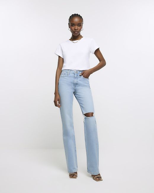 River Island High Rise Ripped Straight Leg Jeans